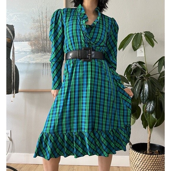 Vintage Taffeta Plaid Puff Sleeve Fit Flare Dress small wrap top blue green - Picture 7 of 8